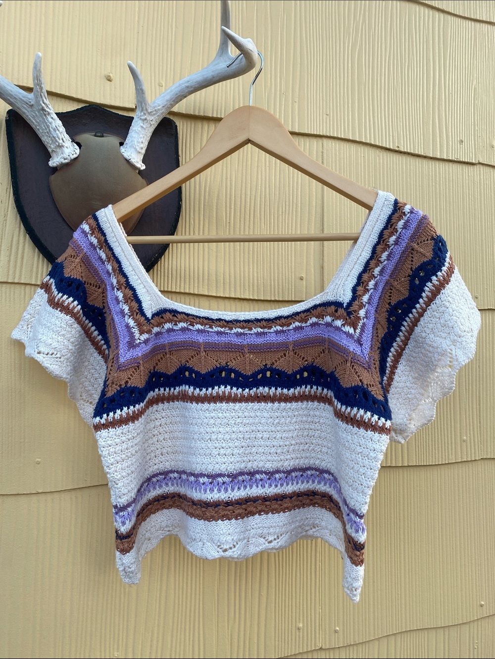 POL Crochet Square-Neck Crop Top in Cream, Blue, Brown, Lavender